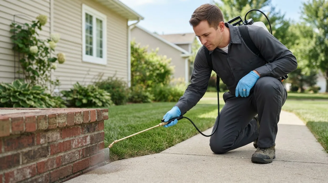 Pest control technician treating a home near Coopers Mills, ME